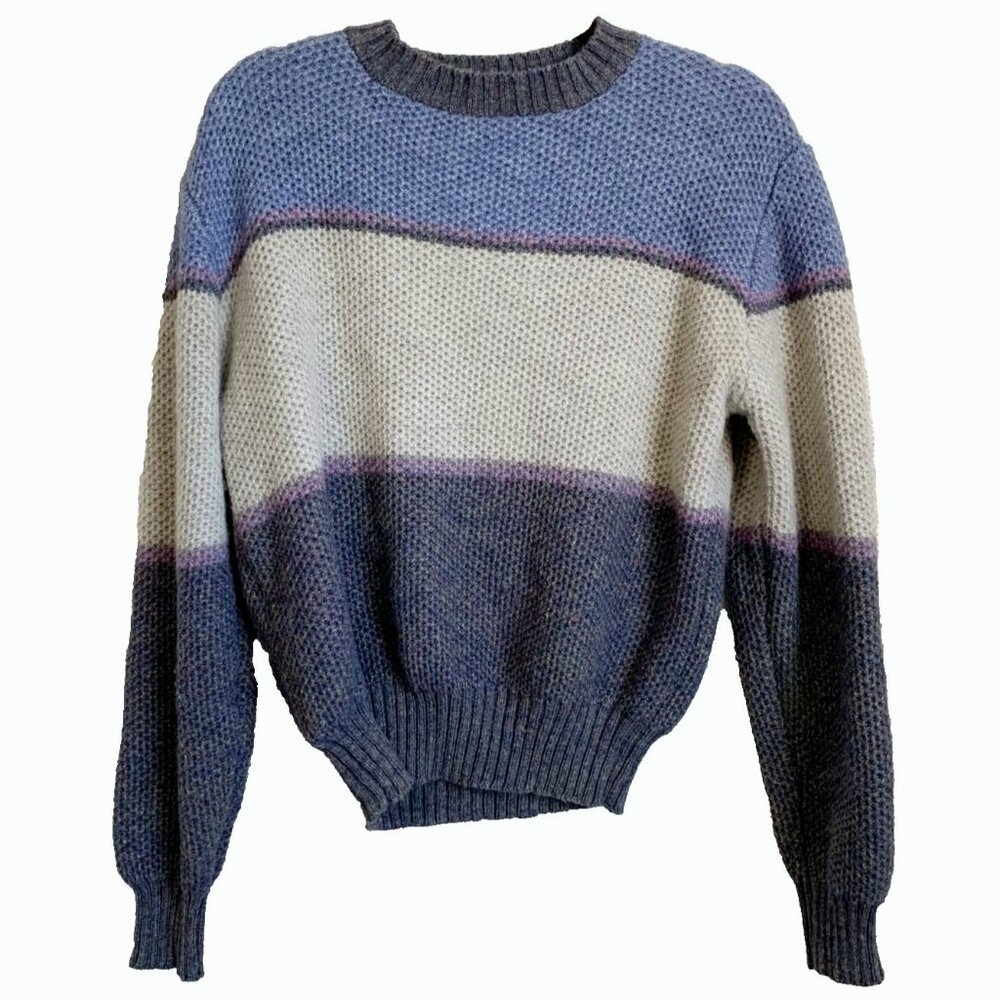 Vintage Woods Blue Stripe New Zealand Wool Blend Chunky Sweater Womens Large